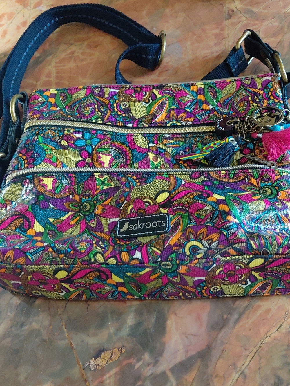 Sakroots Navy Strap Multicolor Floral Crossbody Bag